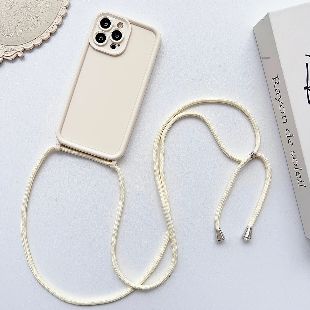 Crossbody Necklace Strap Adjustable Lanyard Silicone Phone Case For iphone 16 15 14 13 12 11 Pro X XR XS Max 7 8 Plus Soft Cover