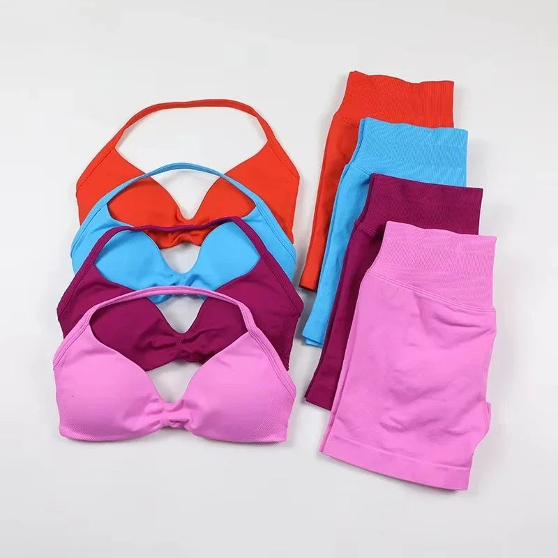 2 Pieces Sports Set Women Backless Tank Tops High Waist Scrunch Seamless Shorts Sport Suit Gym Set Sportswear Workout Set