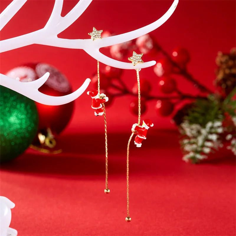 New Design Moving Santa Claus Tassel Dangle Earrings for Women Christmas Tree Snowflake Asymmetric Long Earring New Year Jewelry