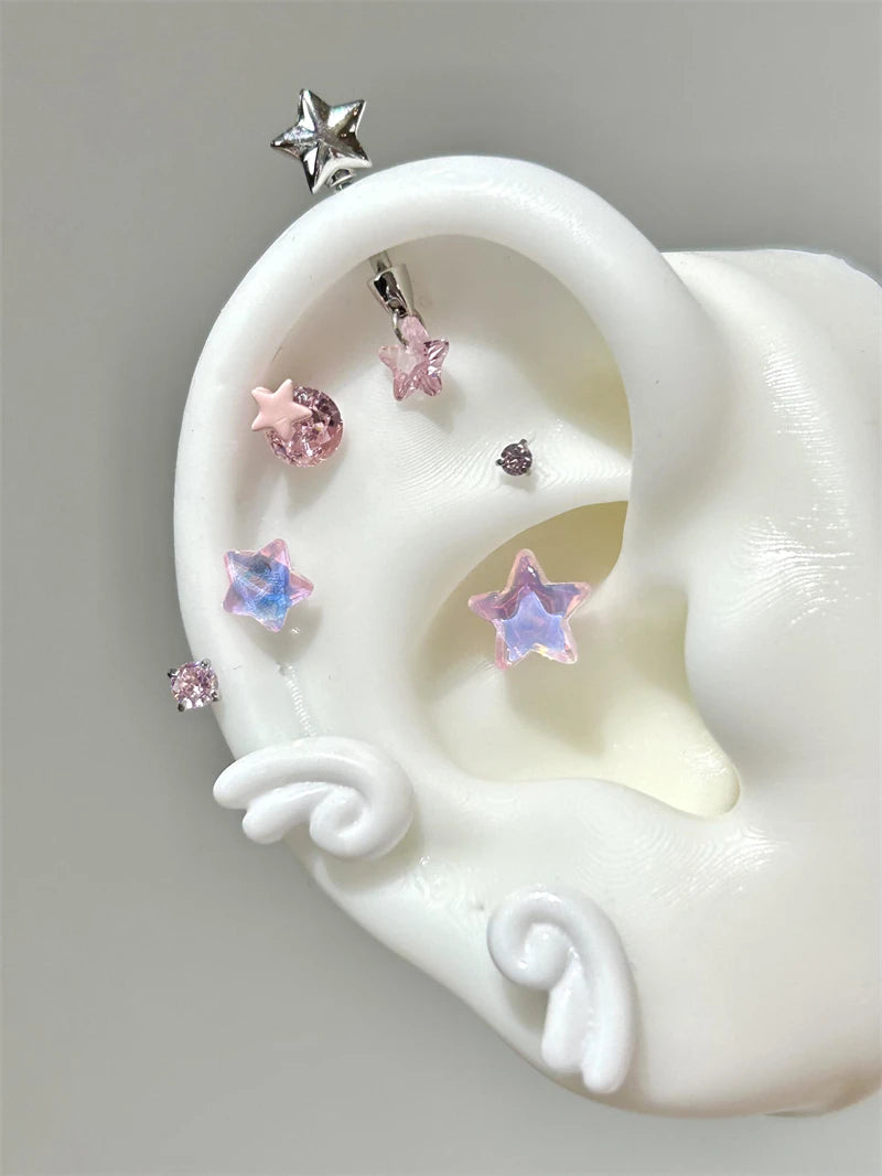 Sweet Angel's Wings Stainless Steel Ear Bone Nail Cute Acrylic Love Heart Cross Earrings for Women Body Puncture Accessories