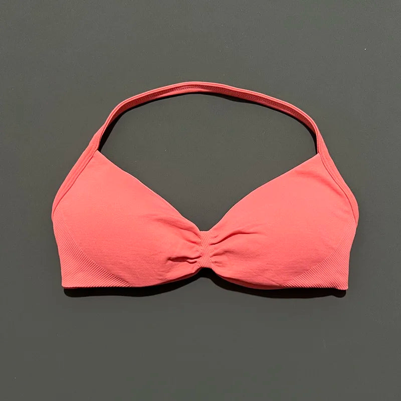 Sports Bra Strappy Backless Yoga Gym Bra Scrunch Push-up Removable Cups Women Workout Clothing Gym Top Halter Sport Bras