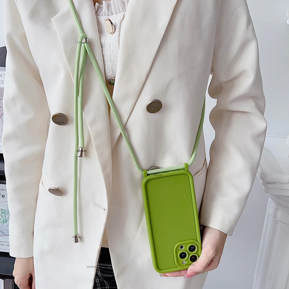 Crossbody Necklace Strap Adjustable Lanyard Silicone Phone Case For iphone 16 15 14 13 12 11 Pro X XR XS Max 7 8 Plus Soft Cover