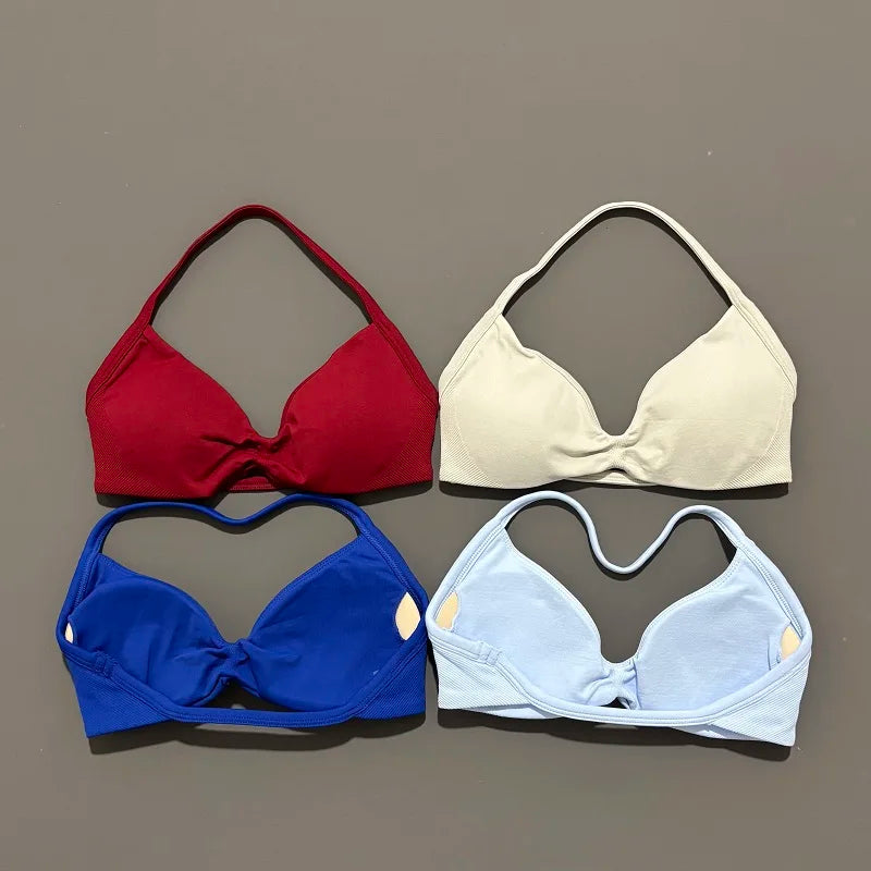 Sports Bra Strappy Backless Yoga Gym Bra Scrunch Push-up Removable Cups Women Workout Clothing Gym Top Halter Sport Bras