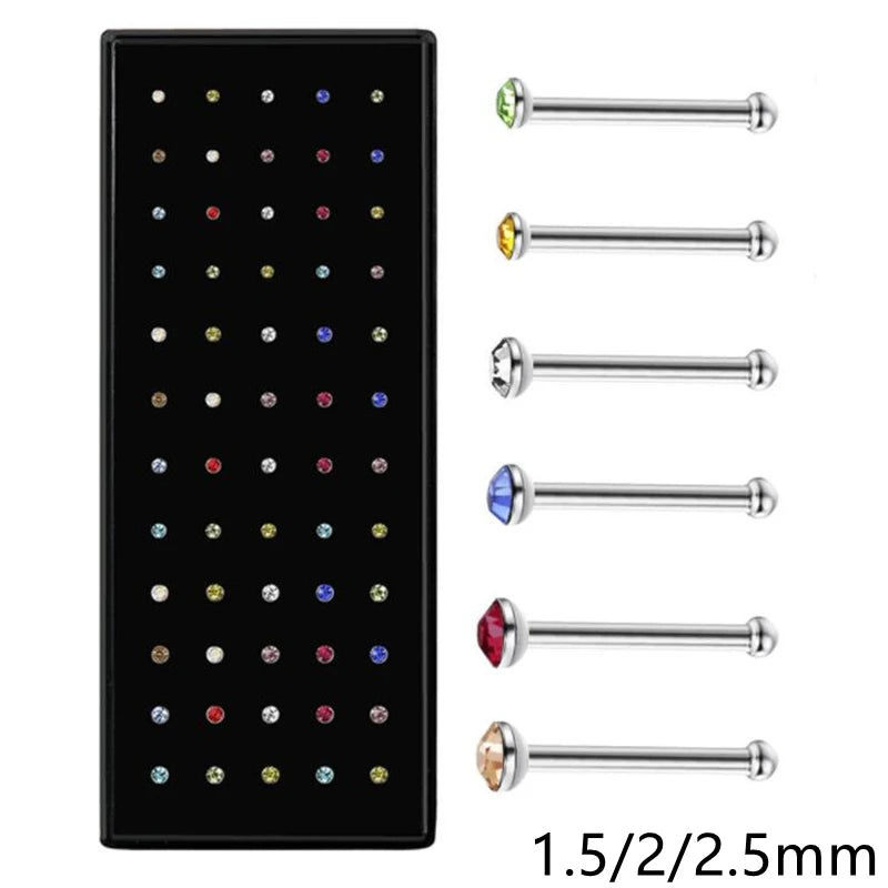 60Pcs Fashion L Shape Rhinestone Crystal Stainless Steel Nose Piercing Ear Bone Women Hypoallergenic Body Jewelry Piercing