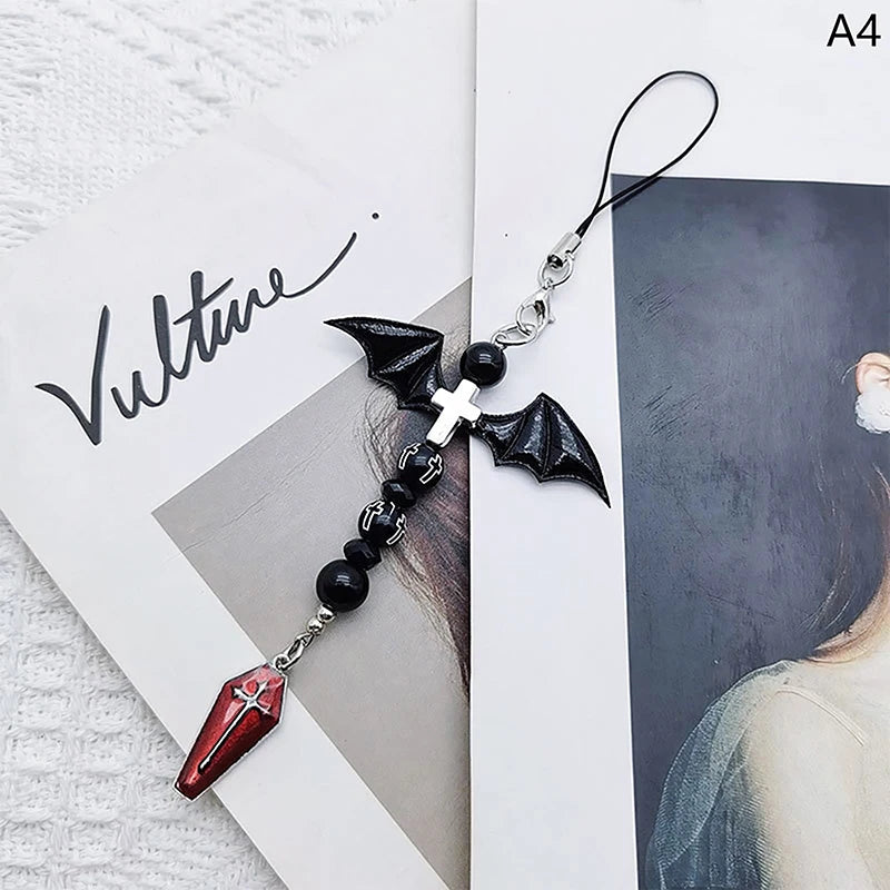 Black Punk Y2K Phone Pendant Chain Cool Girl Sweet Charm With Cross Butterfly Accessories For Phone Bag Lanyard Keychain