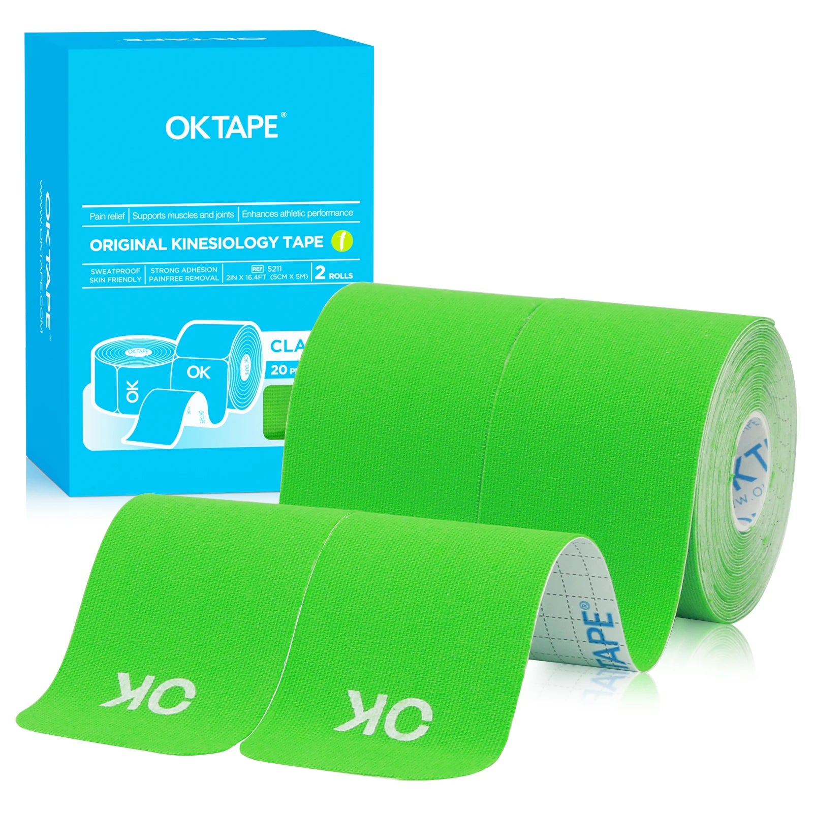 2 Rolls OK TAPE Updated Kinesiology Tape, New Packaging 5cm x 5m, 25cm Precut 20 Strips, Cotton Elastic Athletic Tape Latex Free