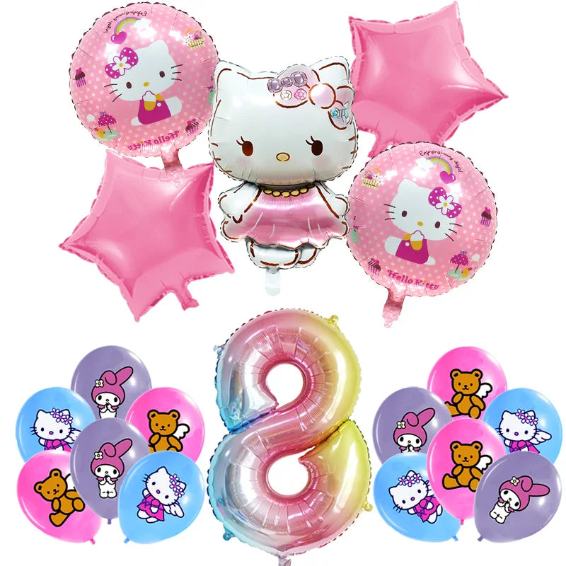 Hello Kitty Birthday Party Decoration Cartoon Cat Kids Aluminum Foil Balloon Disposable Tableware Banner Child Event Supplies