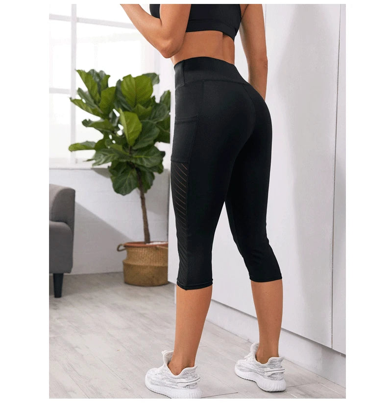 Women Sport Shorts cropped pants Fitness Nudity High Waist Hip Lift Running Yoga Side Pockets Tights Quick Dry Gym Sportswear
