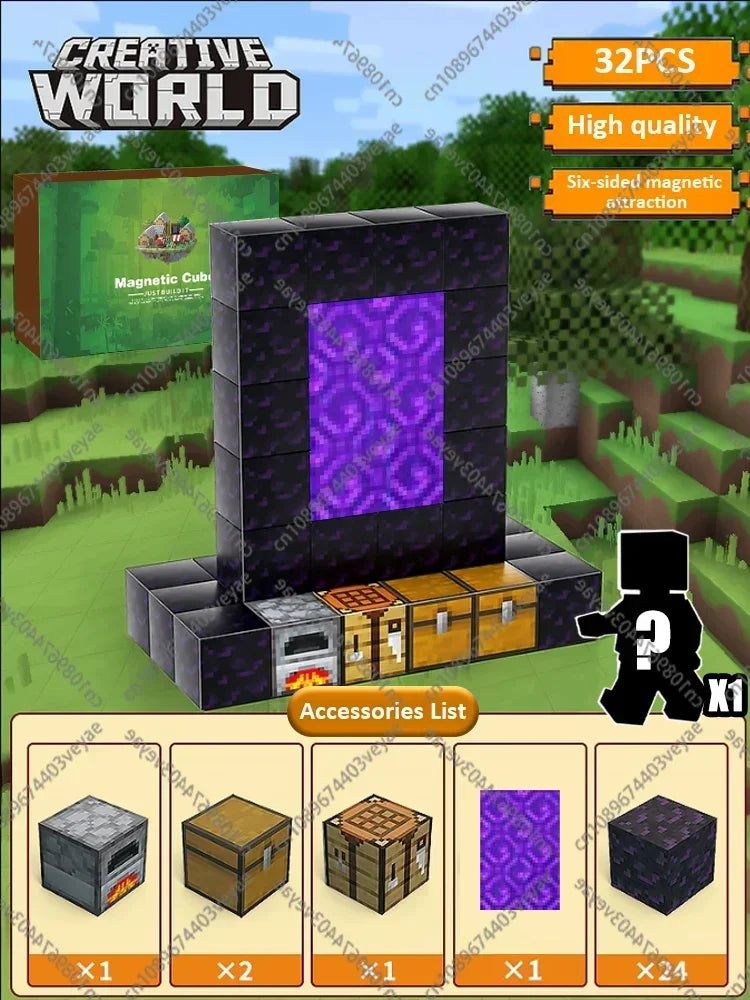 Magnetic Building Blocks Mine World Montessori Educational STEM Sensory Toy for Magnet Cube Kids Boys Girls Ages 3+ DIY Toy Gift