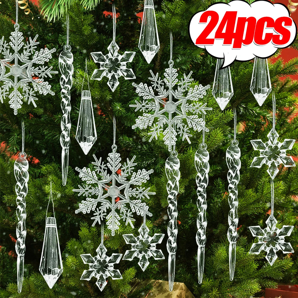 24/5PCS Crystal Clear Snowflake Icicle Pendants Acrylic Christmas Tree Ornament Christmas Holiday Home Party Hanging Decorations