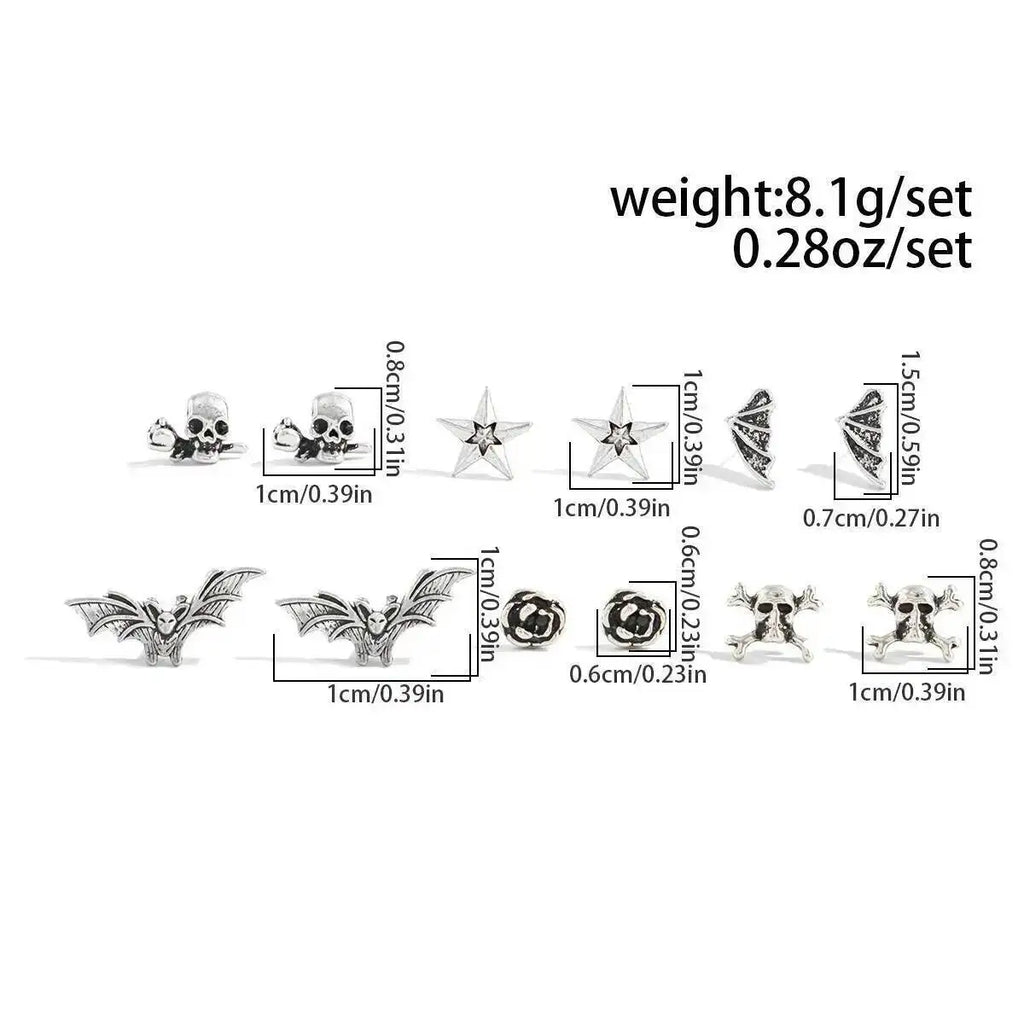 KunJoe 6 Pairs Gothic Spider Cross Skull Earrings for Women Retro Bat Skeleton Stud Earrings Halloween Jewelry Accessories