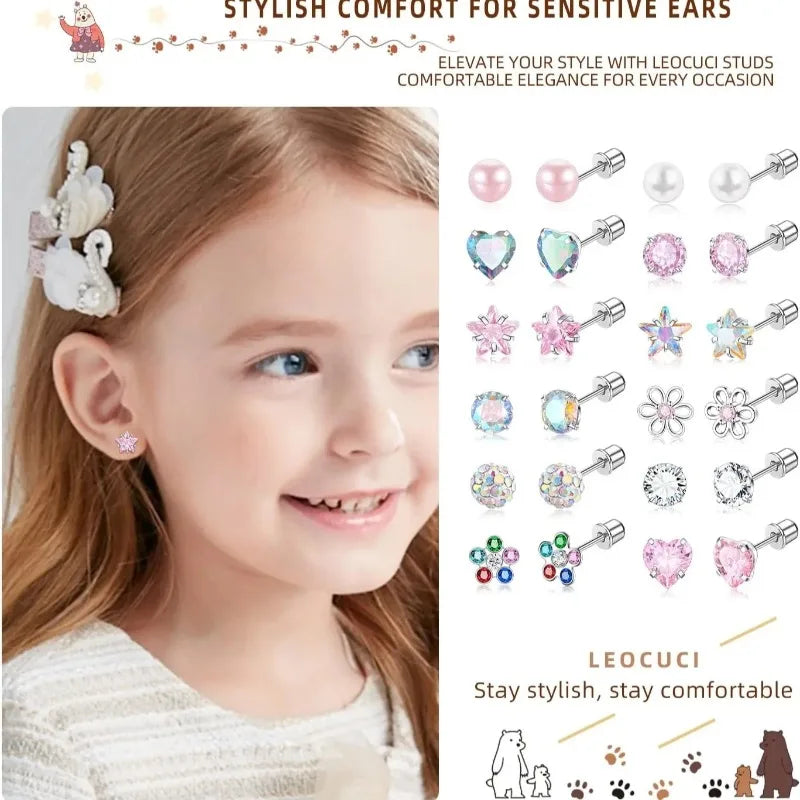12 Pairs Hypoallergenic Surgical Stainless Steel Stud Earrings for Girls Kids Women Daughter Fashion Zircon Crystal Pearls Stud