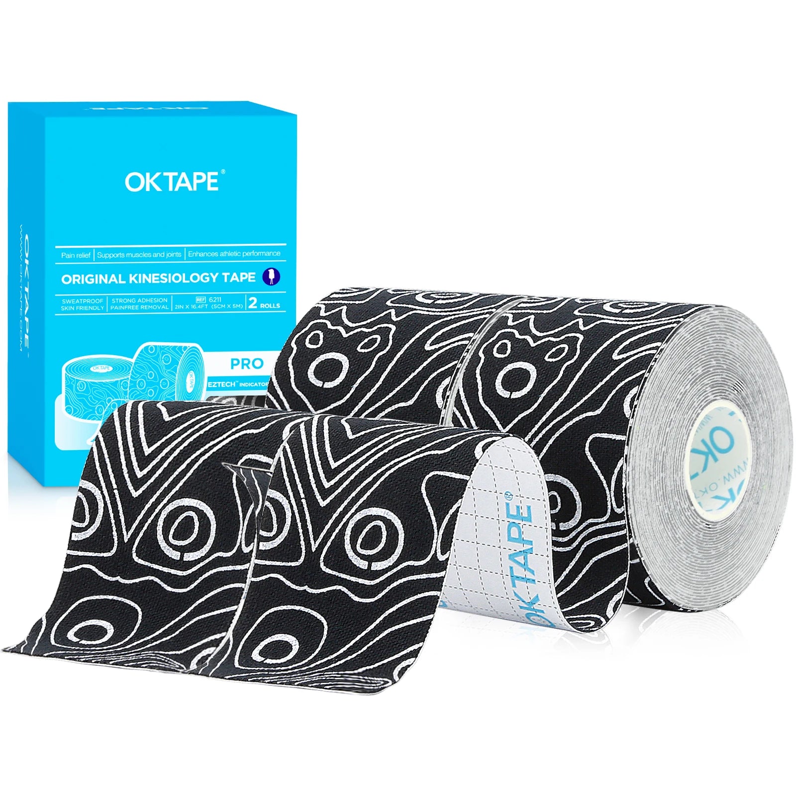 2 Rolls OK TAPE PRO Kinesiology Tape, New Packaging 5cmX16ft Free Cut Tape, Updated Elastic Athletic Tape Therapeutic Latex Free