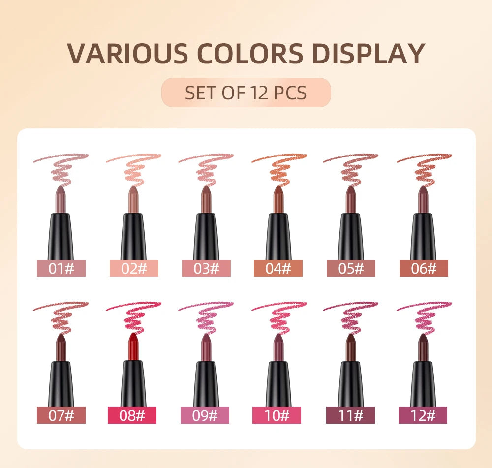 12pcs/set Lip Liner Pencil Waterproof Long Lasting Lipstick Matte Nude Contour Lipliner Pencil Lipstick Pen Lip Tint Cosmetics
