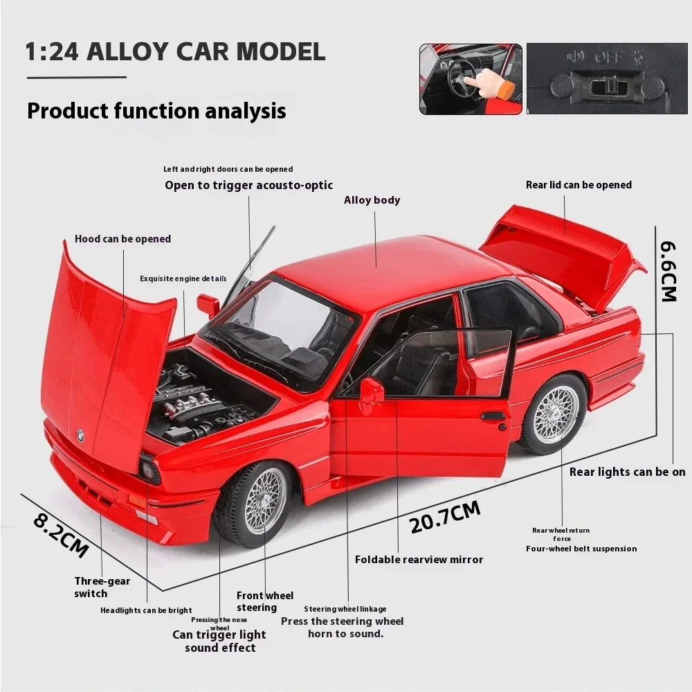 1:24 1988 BMW M3 E30 Alloy Sports Car Model Diecasts Metal Classic Car Vehicles Model Simulation Sound and Light Kids Toys Gifts