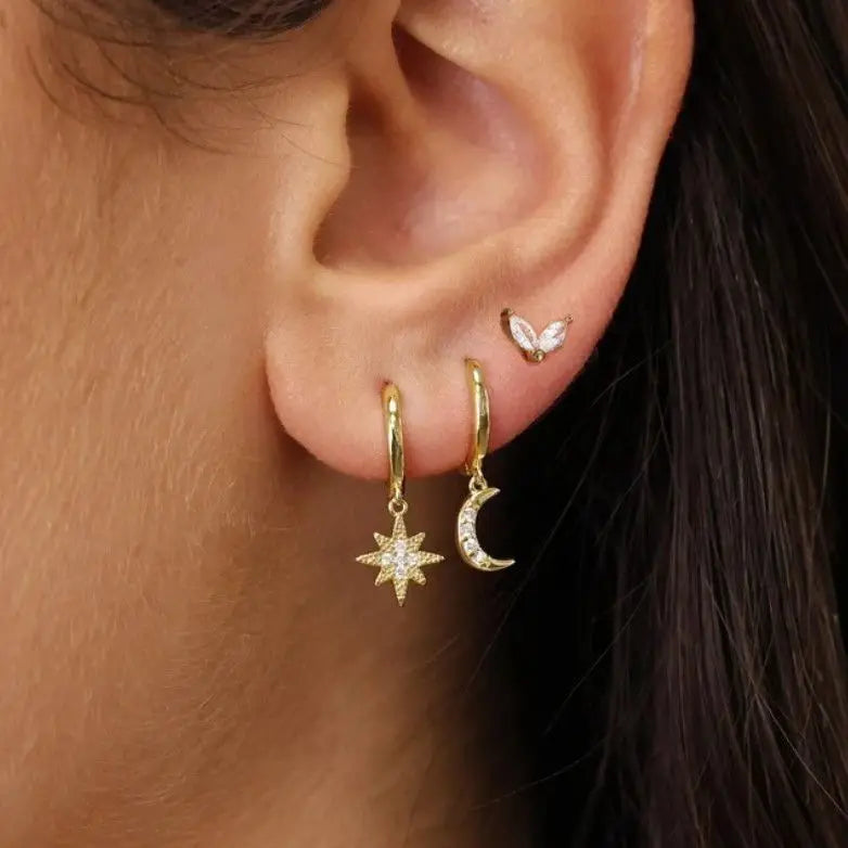 3Pcs Crystal Tragus Stud Earring Set Flower Cartilage Huggie Earring Bulk Helix Jewelry Women Fashion Heart Lobe Earring Pack