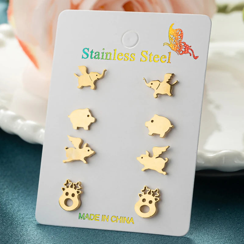 4Pairs/Lot Fashion Stainless Steel Star Moon Stud Earrings Sets for Women Small Flower Porker Dog Earings Jewelry Gift Wholesale