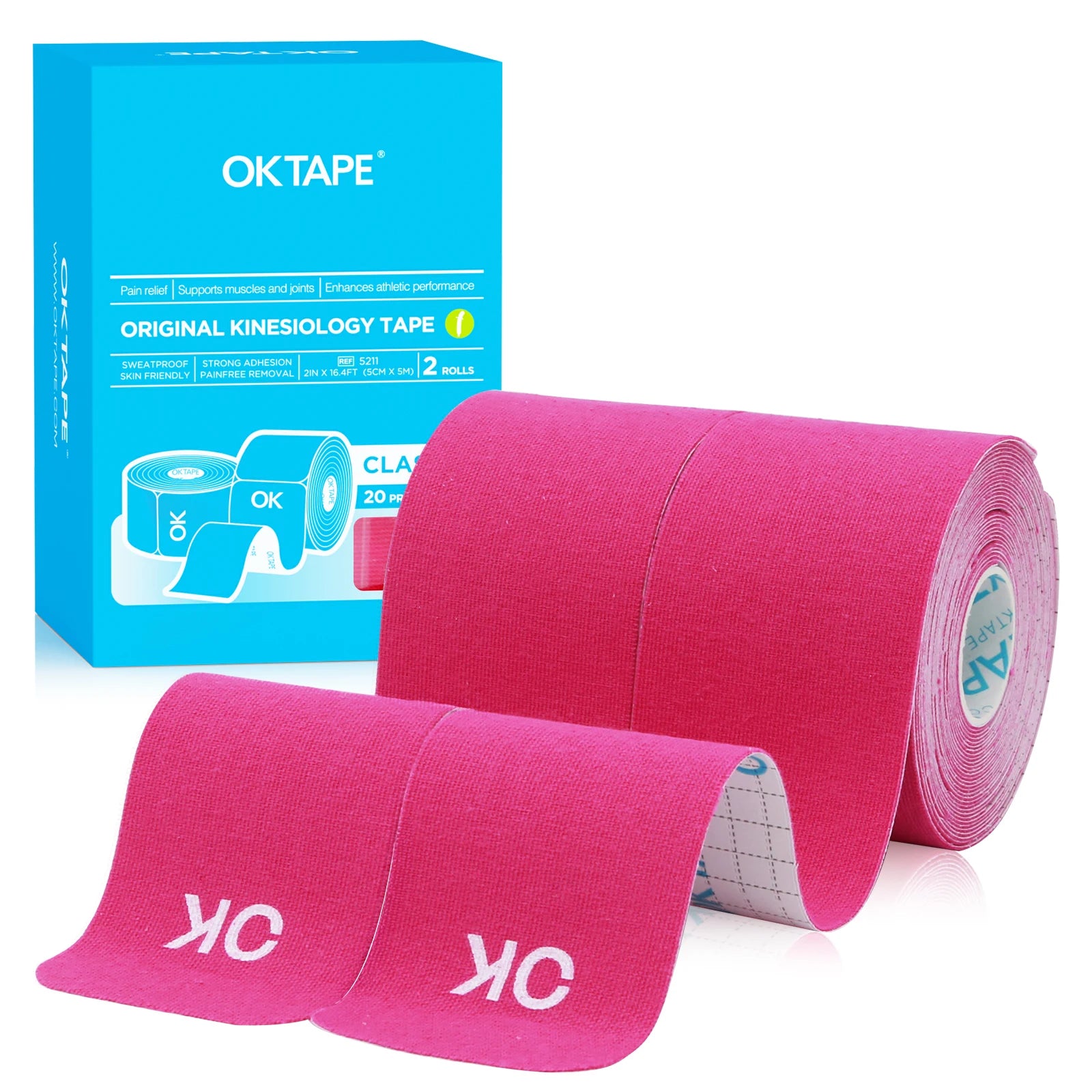 2 Rolls OK TAPE Updated Kinesiology Tape, New Packaging 5cm x 5m, 25cm Precut 20 Strips, Cotton Elastic Athletic Tape Latex Free