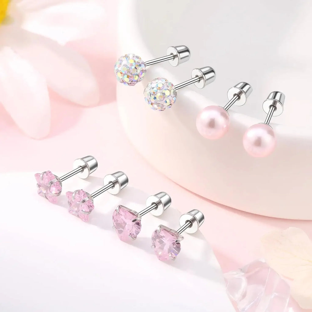12 Pairs Hypoallergenic Surgical Stainless Steel Stud Earrings for Girls Kids Women Daughter Fashion Zircon Crystal Pearls Stud