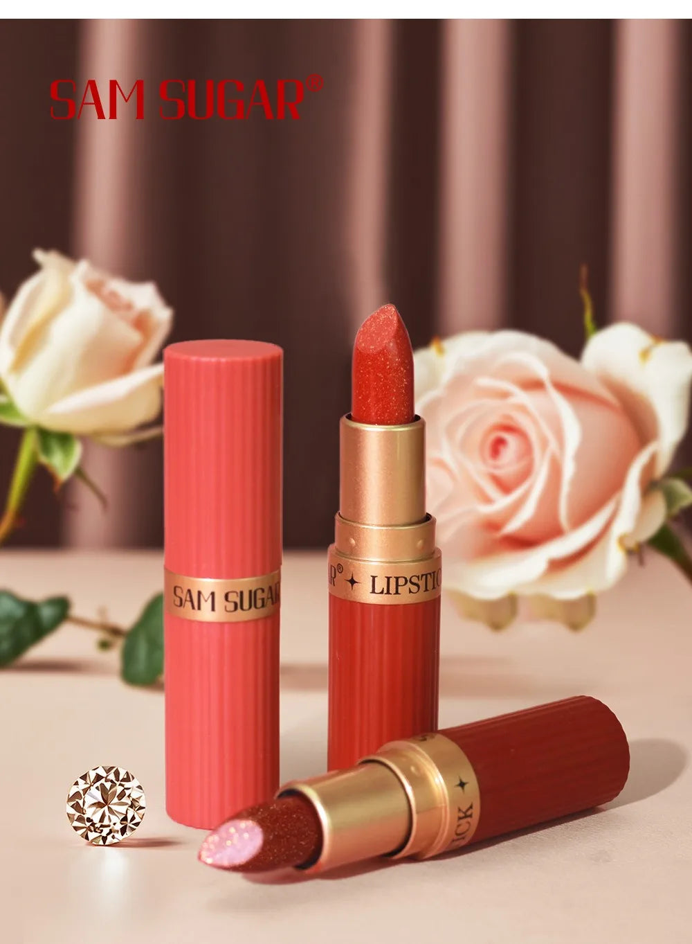 Pearlescent Pink Glitter Velvet Lipstick Metallic Waterproof Long Lasting Matte Shimmer Diamond Lipstick Women Makeup Cosmetic