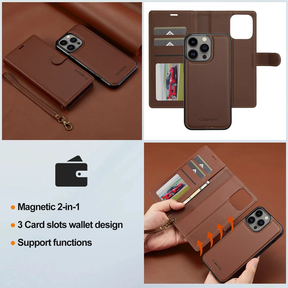 2in1 Removable Flip Leather Wallet Case Magnetic Phone Cover For iPhone 17 Air 15 Pro Max 14 Plus 16 13 12 11 SE 2022 Cards Solt
