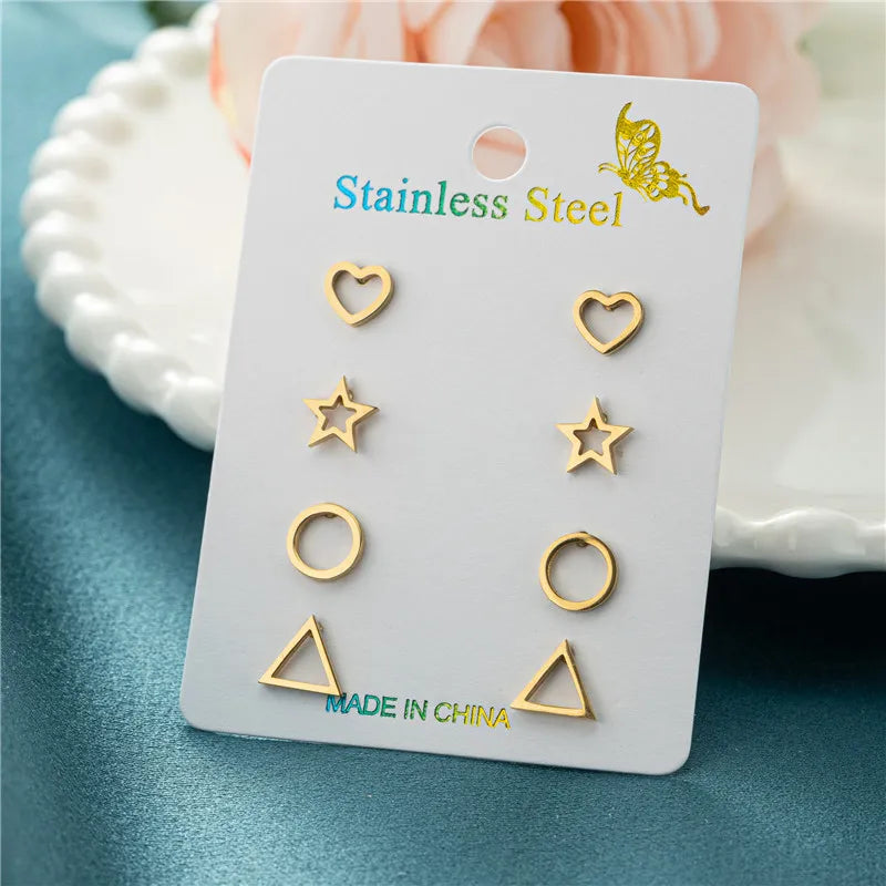4Pairs/Lot Fashion Stainless Steel Star Moon Stud Earrings Sets for Women Small Flower Porker Dog Earings Jewelry Gift Wholesale