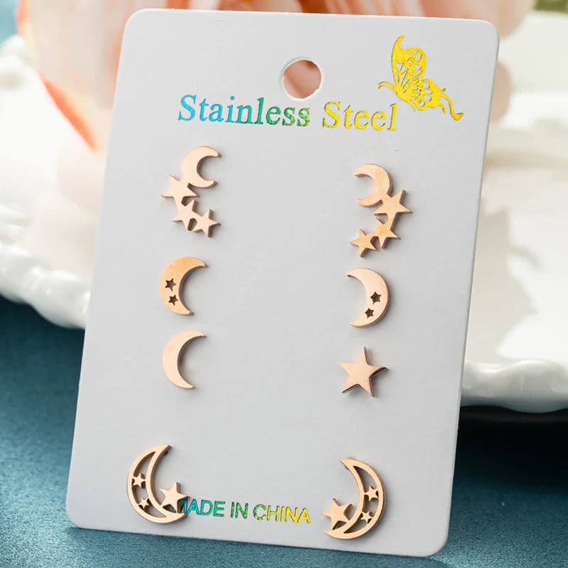 4Pairs/Lot Fashion Stainless Steel Star Moon Stud Earrings Sets for Women Small Flower Porker Dog Earings Jewelry Gift Wholesale