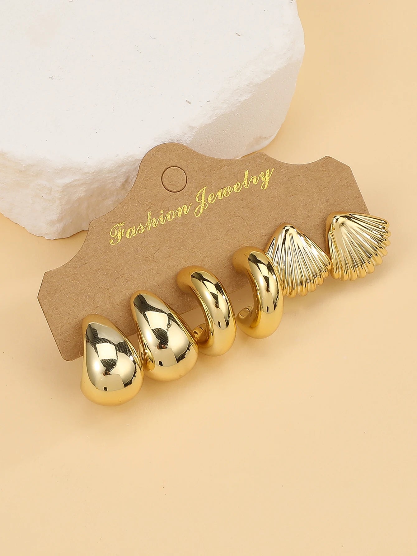 3PAIRS-6PAIRS/Set Fashionable &Golden Starfish, Seashell, Smooth Water Drop,Textured C-Shape Earrings Set,Travel & Vacation Wear