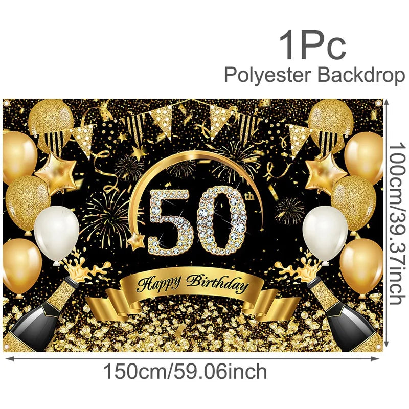 Happy 30th 40th 50th Birthday Banners Black Gold Birthday Party Decorations Adults 30 40 50 Years Old Birthday Party Supplies