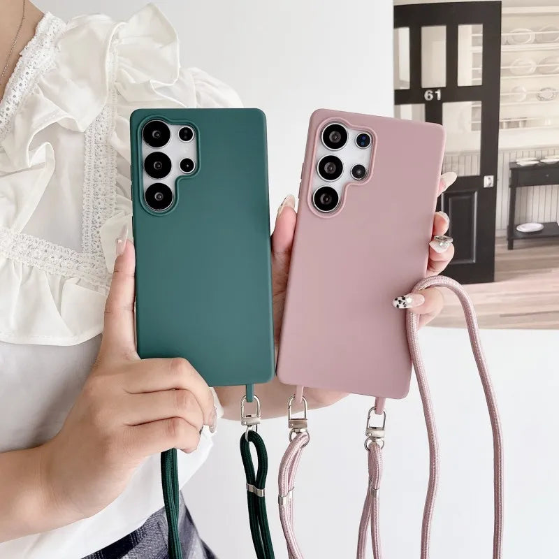 Strap Case For Samsung Galaxy S25 Ultra S21 S22 S23 Plus S24 FE S25FE A17 A56 Crossbody Lanyard Double Buckle Cord Soft Cover