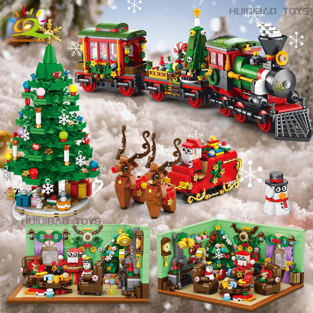 HUIQIBAO Christmas 24 Day Countdown Calendar Tree Santa Claus Train Model Building Block DIY Bricks Toys for Children Adult Gift