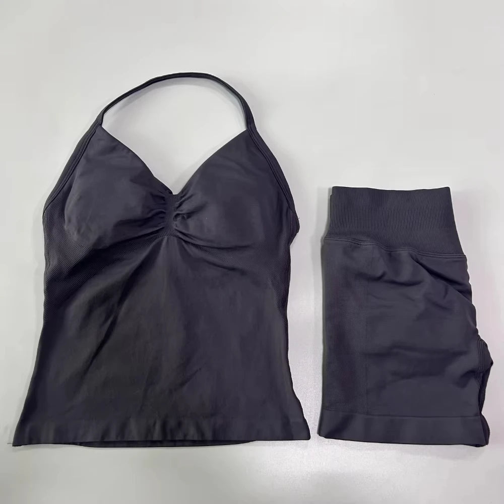 2 Pieces Impact Sports Set Women Backless Tank Yoga Tops High Waist Scrunch Seamless Shorts Sport Gym Set Sportswear Workout Set