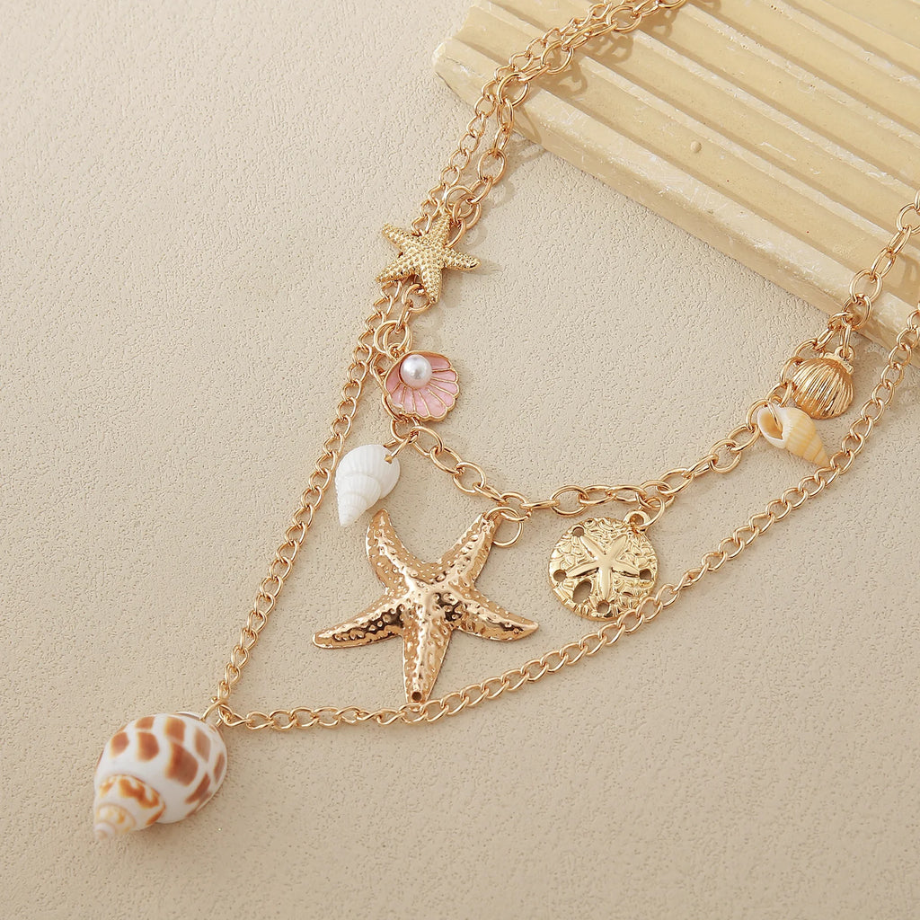 MHS.SUN Summer Shell Starfish Conch Pendant Necklace for Women Bohemian Metal Gold Color Chic Beach Jewelry Vacation Party Gift