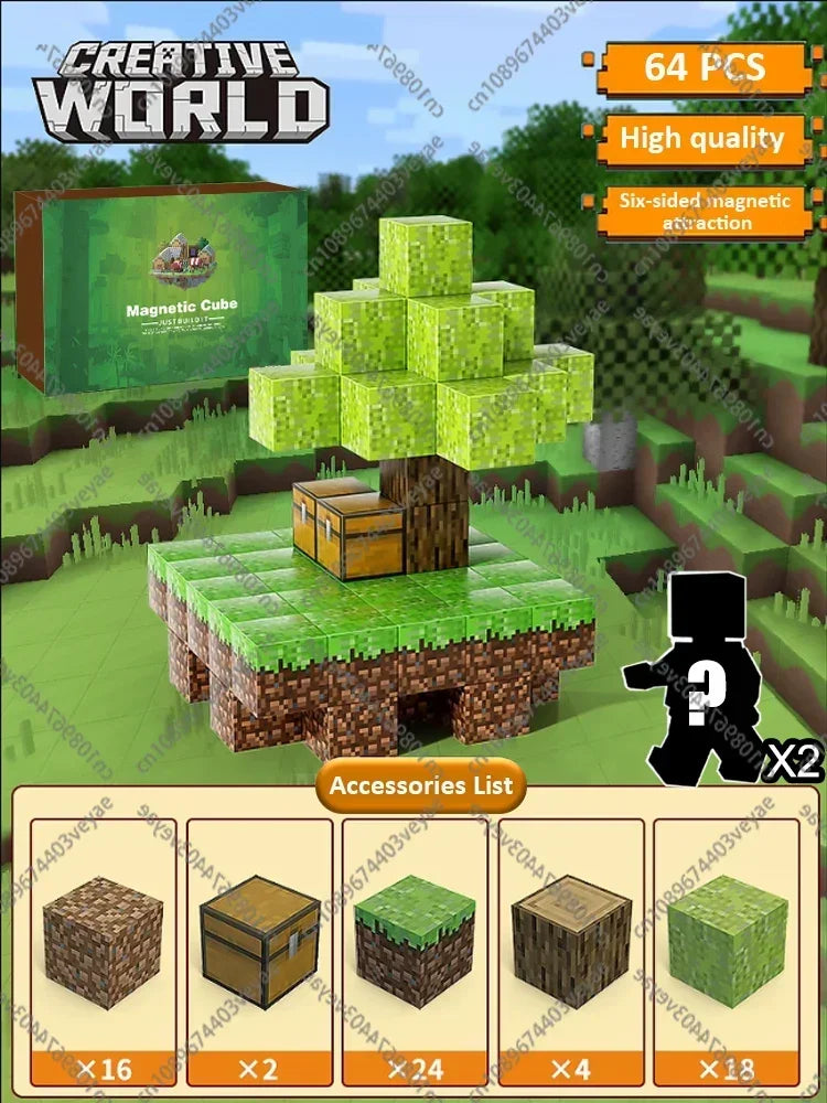 Magnetic Building Blocks Mine World Montessori Educational STEM Sensory Toy for Magnet Cube Kids Boys Girls Ages 3+ DIY Toy Gift