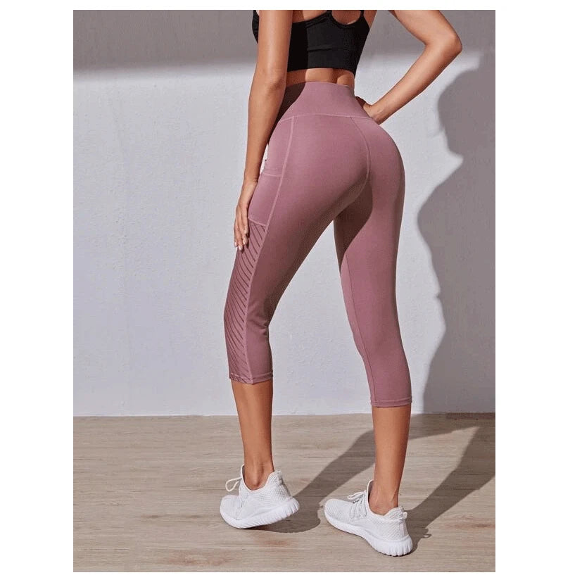 Women Sport Shorts cropped pants Fitness Nudity High Waist Hip Lift Running Yoga Side Pockets Tights Quick Dry Gym Sportswear