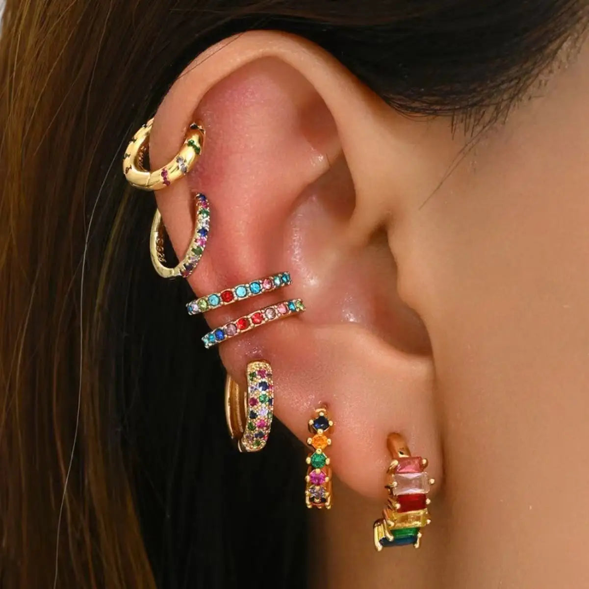 7pcs/Set Fashion Multicolour Stud Earrings For Women Zircon Ear Cuffs Without Piercing Earrings Jewelry Gift