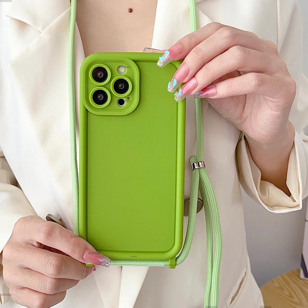 Crossbody Necklace Strap Adjustable Lanyard Silicone Phone Case For iphone 16 15 14 13 12 11 Pro X XR XS Max 7 8 Plus Soft Cover