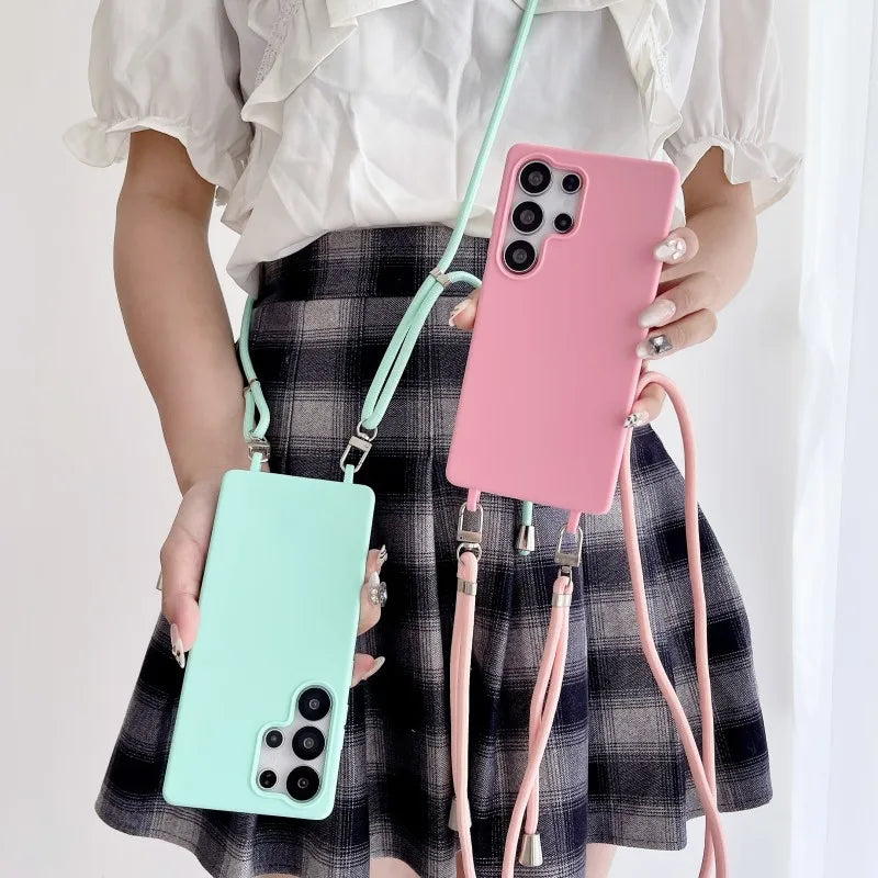 Strap Case For Samsung Galaxy S25 Ultra S21 S22 S23 Plus S24 FE S25FE A17 A56 Crossbody Lanyard Double Buckle Cord Soft Cover