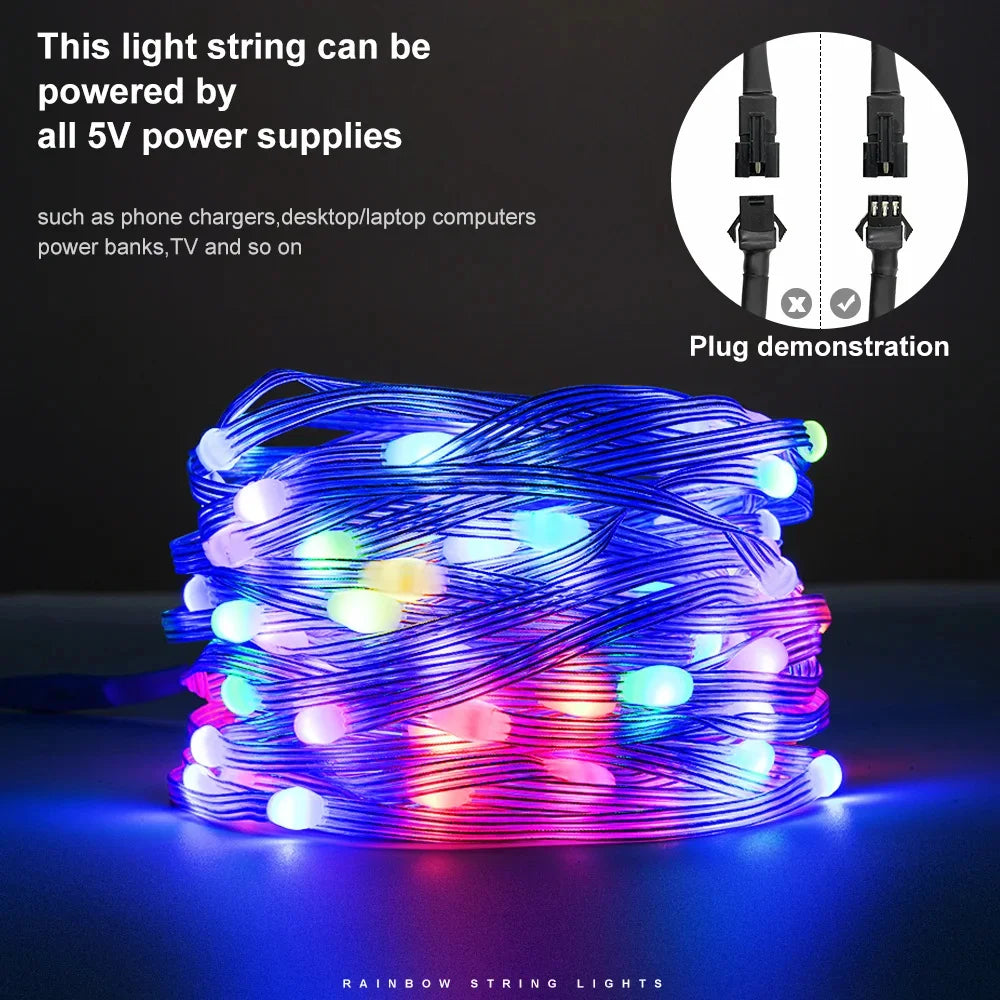 String LED Bluetooth Fairy Lights Dreamcolor RGBIC DIY Party Christmas Tree Lights Wedding Decor Garland USB Lamp 15M/10M/5M/2M