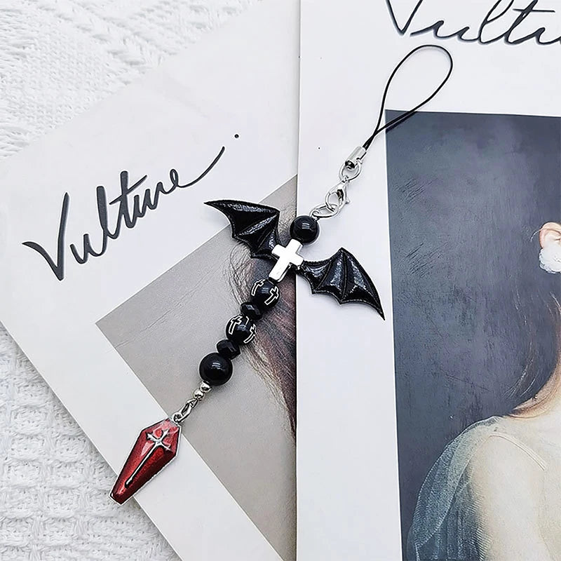 Black Punk Y2K Phone Pendant Chain Cool Girl Sweet Charm With Cross Butterfly Accessories For Phone Bag Lanyard Keychain