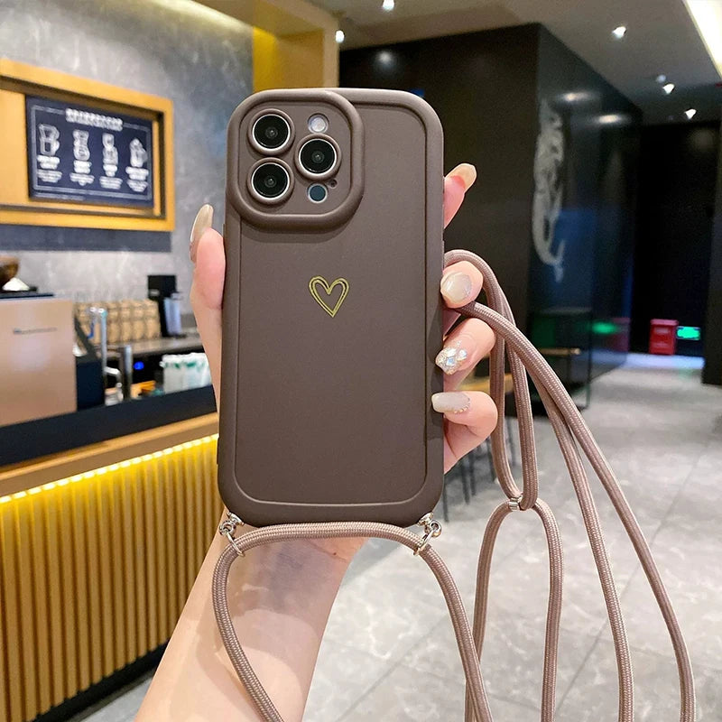 Crossbody Love Phone Cases for IPhone 17 16 Pro Max 15 14 13 12 11 With Lanyard Silicone Back Cover