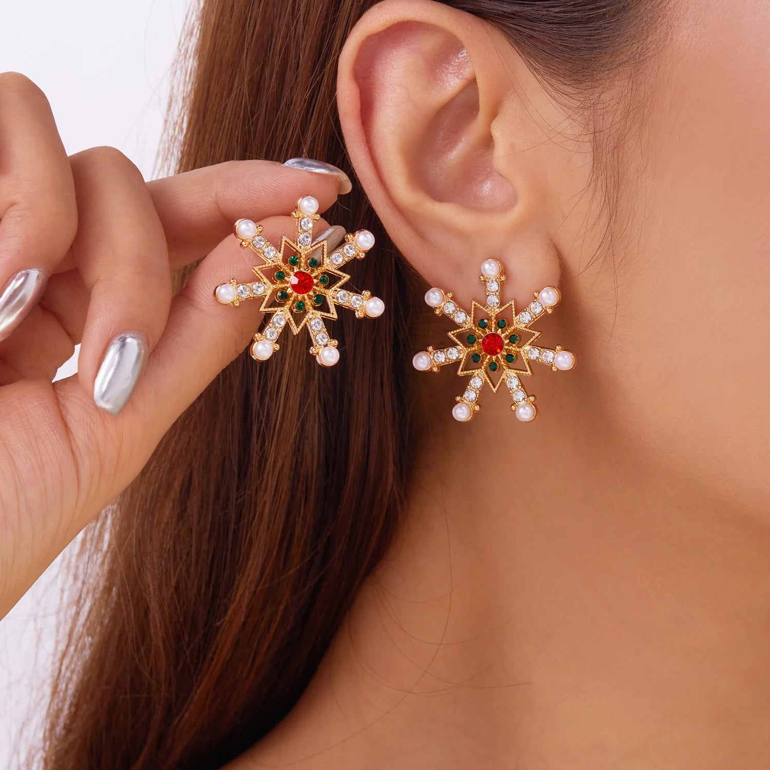 Fashion Christmas Snowflake Stud Earrings For Women Crystal Zircon Pearl Dangle Piercing Ear Jewelry Girl New Year Party Gifts