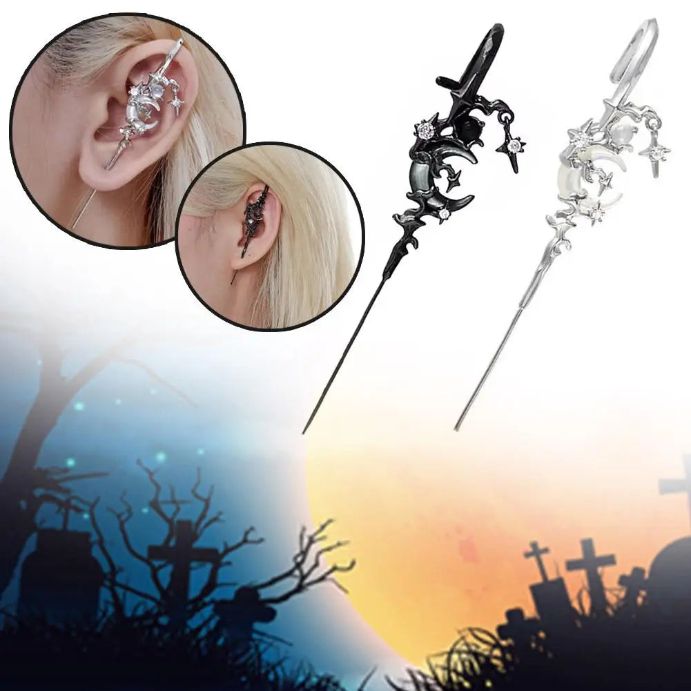 1pcs Stars Moon Ear Studs Diamond Setting Ear Crochet Perforation Earrings Punk Ear Hook Goth Sword Earrings Jewelry Accessorie