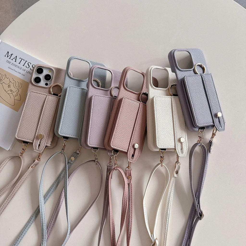Luxury Shoulder Leather Card Pocket Wallet Case For iPhone 11 12 13 14 15 16 17 Pro Max Plus Purse Phone Cover Wrist Strap Stand