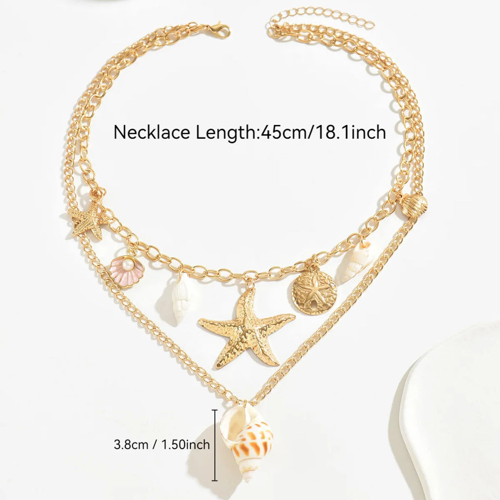 MHS.SUN Summer Shell Starfish Conch Pendant Necklace for Women Bohemian Metal Gold Color Chic Beach Jewelry Vacation Party Gift