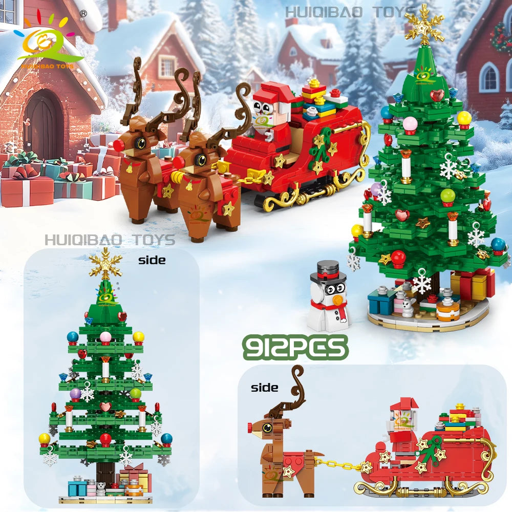 HUIQIBAO Christmas 24 Day Countdown Calendar Tree Santa Claus Train Model Building Block DIY Bricks Toys for Children Adult Gift