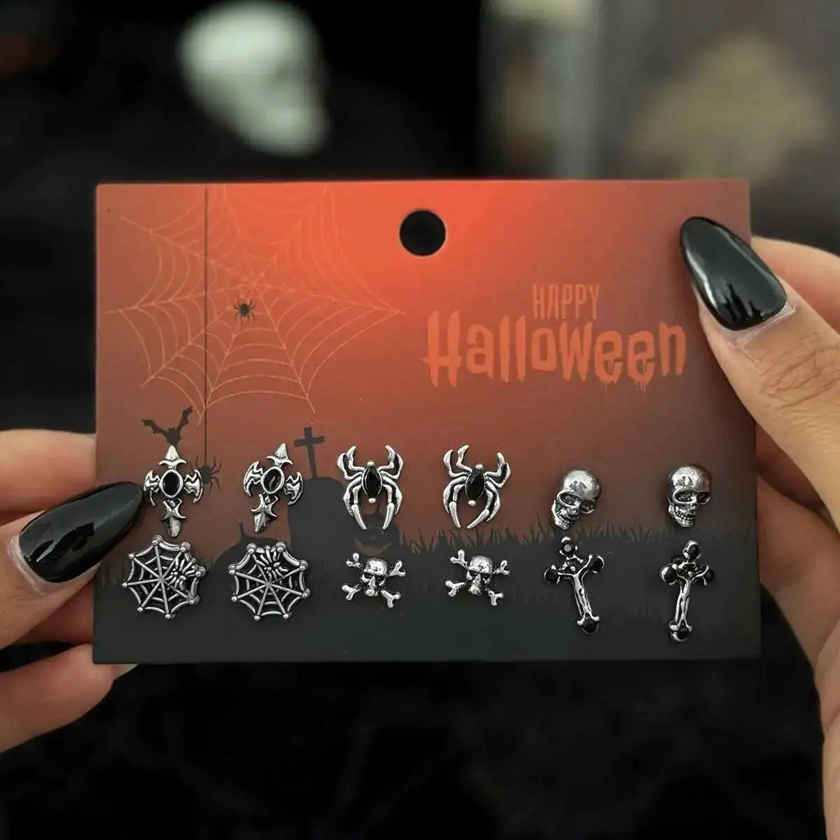 KunJoe 6 Pairs Gothic Spider Cross Skull Earrings for Women Retro Bat Skeleton Stud Earrings Halloween Jewelry Accessories