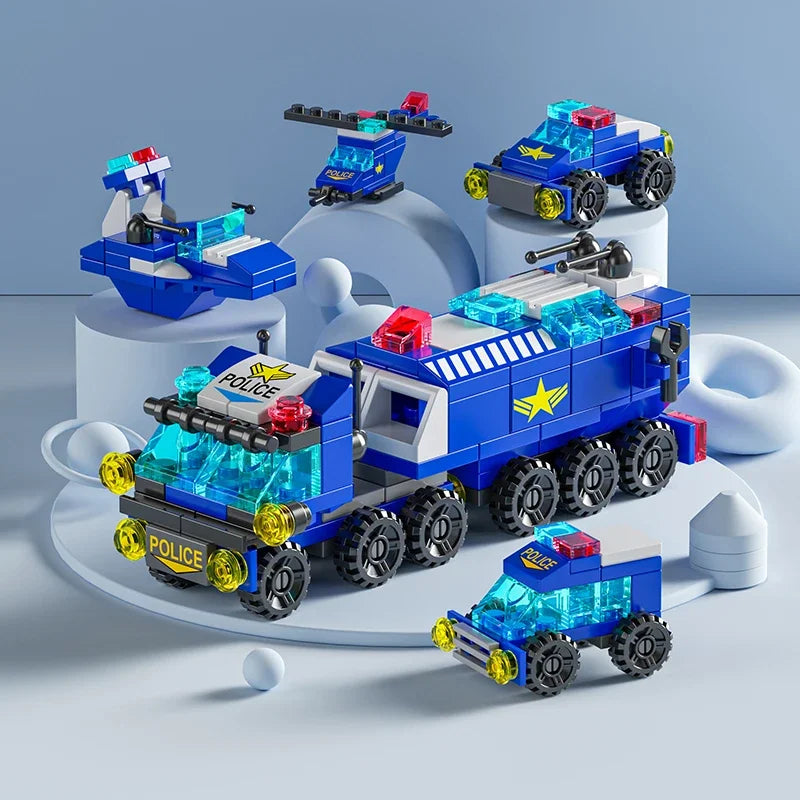 6IN1 Building Blocks City Fire Car Police Truck Engineering Crane Tank Helicopter Bricks Set Toys for Children Kids