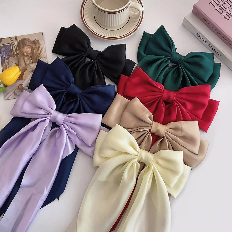 Chiffon Bow Hair Clip Women Large Bowknot Stain Hairpin Barrettes Girls Solid Color Ponytail Clip Hair Accessories Headwear Gift