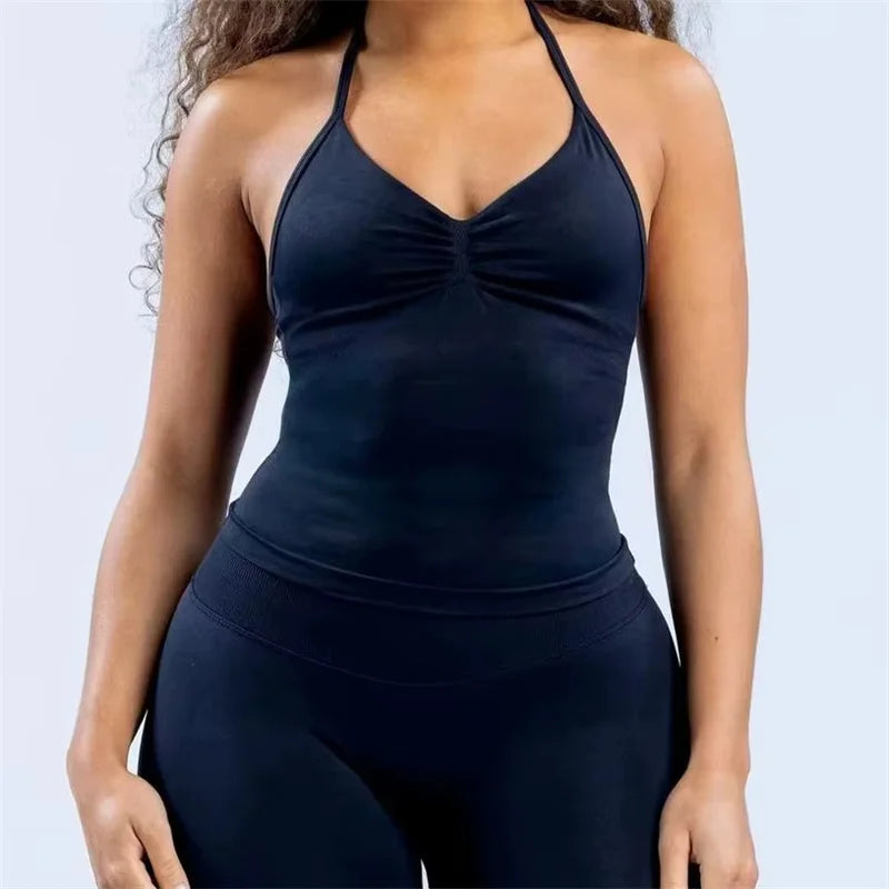 2 Pieces Sports Set Women Backless Tank Tops High Waist Scrunch Seamless Shorts Sport Suit Gym Set Sportswear Workout Set